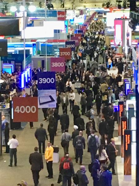 This is the main aisle at the massive Healthcare Information Management and Systems Society (HIMSS) 2019 conference, which drew more than 45,000 attendees this week. It shows one side of the conference which had booths numbering into the 9,000s and more than 1,300 vendors. HIMSS has become one of the most influential healthcare conferences in the past decade because of the key role health IT systems play.
