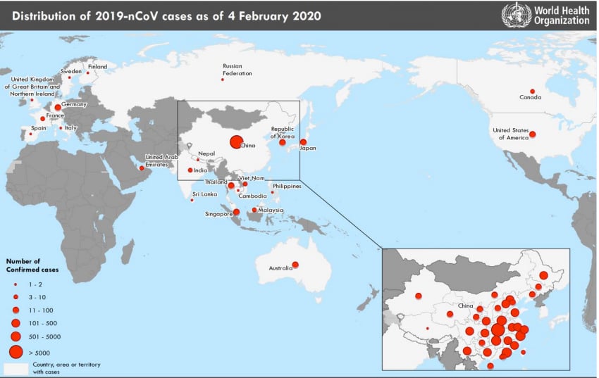 Corona virus (2019 nCoV) situation map as of Feb. 5, 2020 from the World Health Organization (WHO). Novel Coronavirus global, world map.
