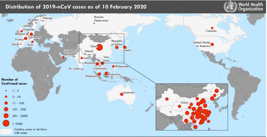 Corona virus (2019 nCoV) situation map as of Feb. 10, 2020, from the World Health Organization (WHO). 