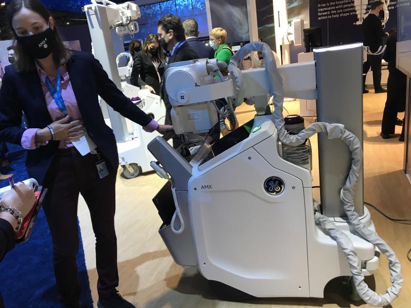 The GE Healthcare AMX mobile DR X-ray system. It includes an artificial intelligence feature to detect both misplaced endotracheal tubes and pneumothorax of the machine, so the attending physician can immediately be notified.