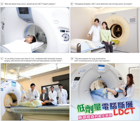 Taiwanese Lung Cancer Screening Promotions Featuring Young Women: LDCT indicates low-dose computed tomography. A, Reprinted with permission from Mr Suwannaphoom and copyright holder.19 B, Reprinted with permission from the InfoTimes.20 C, Reprinted with permission from Ms Yao and copyright holder.21 D, Reprinted with permission from Department of Medical Imaging and Intervention Chang Gueng Memorial Hospital, Taiwan.22​​​​​​​ Images courtesy of JAMA Network