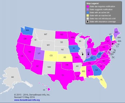 breast Density Reporting Bill, South Carolina, May 2016, map, BI-RADS