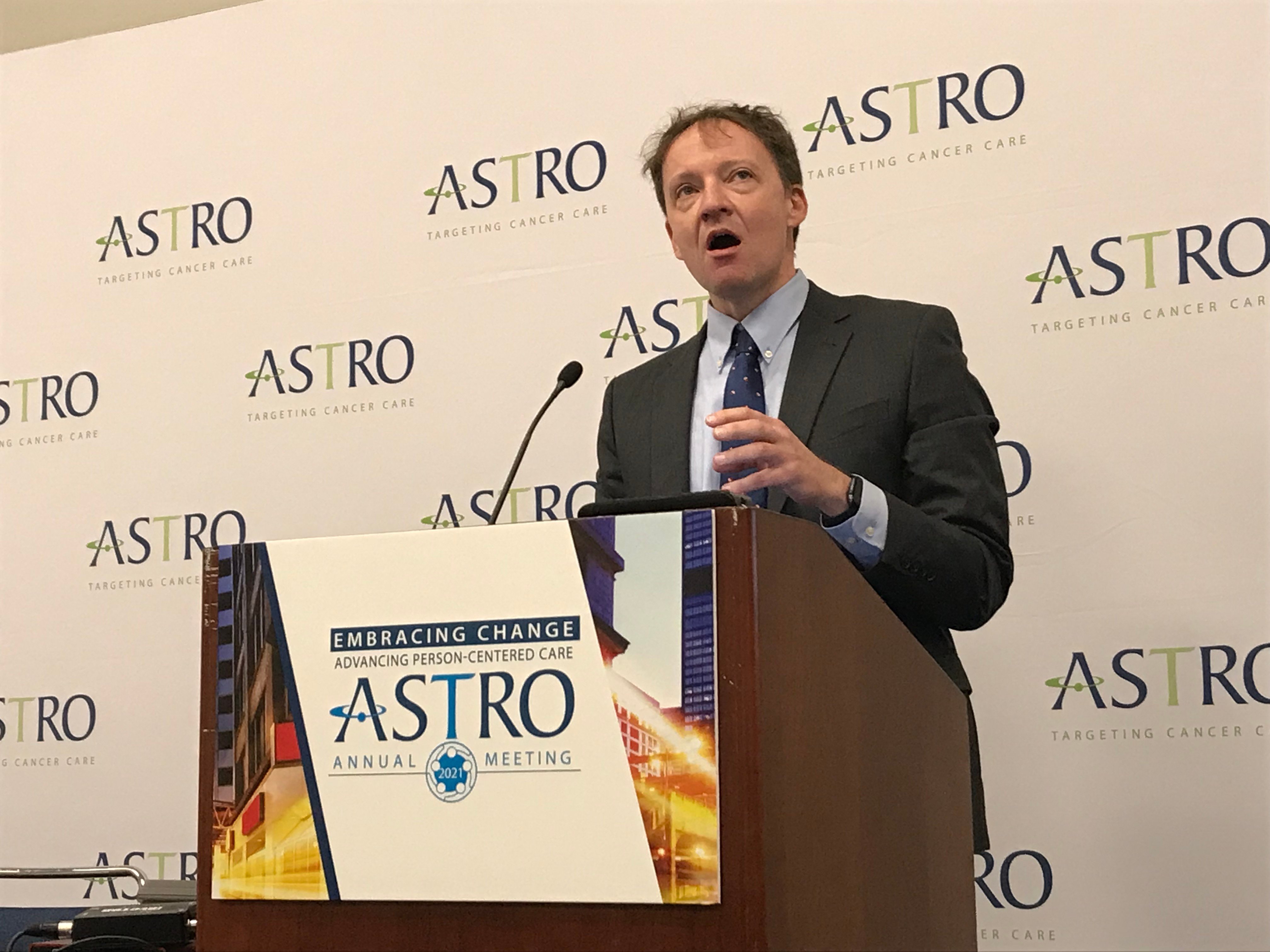 Steven Chmura, M.D., Ph.D., University of Chicago, speaks at an ASTRO 2021 press conference on the results of a phase 1 clinical trial testing the effects of stereotactic body radiotherapy for treating multiple metastases. His study determined that treatments used for single tumors can also be safely used for treating patients with multiple metastases. Read more on this study.