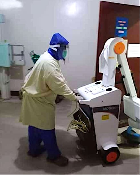 Improvised PPE face mask worn by a radiology technologist during rounds atSen. Gerardo M. Roxas Memorial District Hospital in Iloilo City, Philippines. #COVID19 #Coronavirus #SARScov2