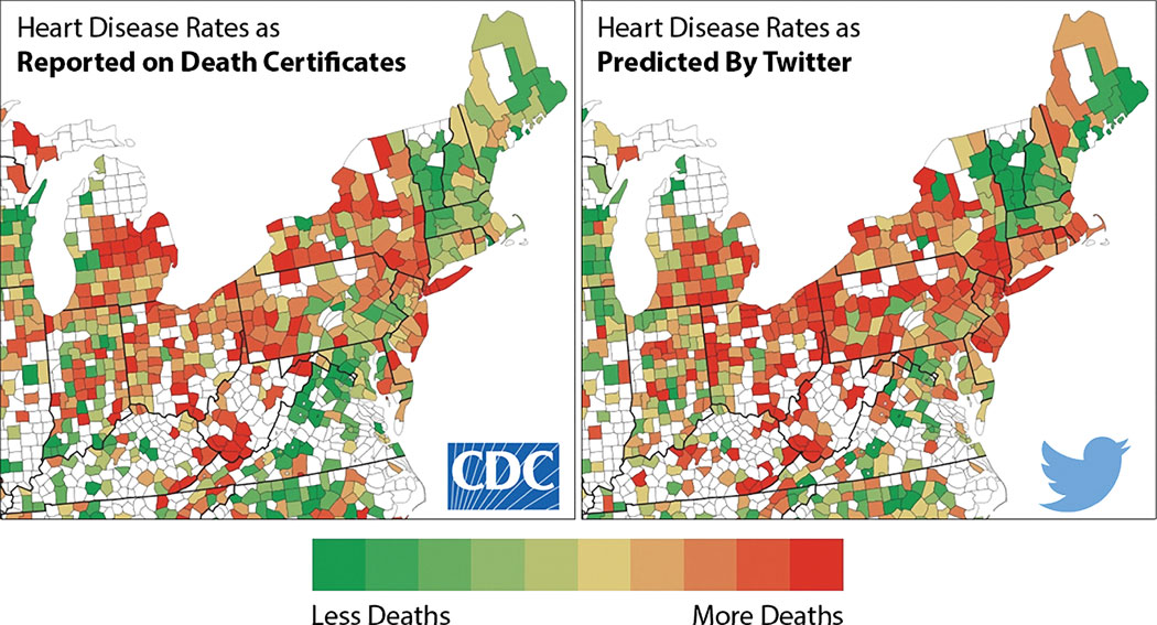 Big Data from Twitter showing stressed language posts compared to CDC reported heart attacks in study by Johannes Eichstaedt.