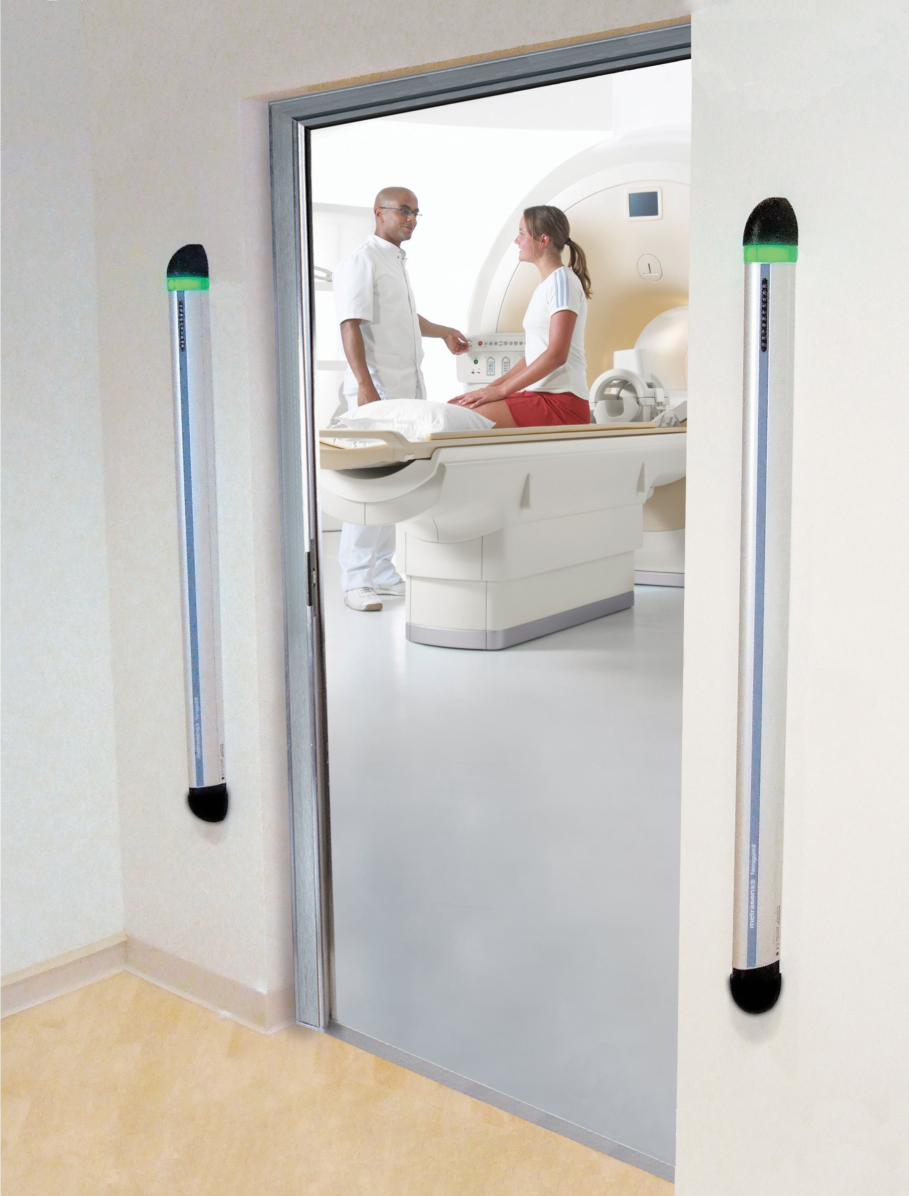 Ferromagnetic detection systems are placed outside the door of an MRI room to detect ferrous risk items approaching the room, enhancing MRI safety.