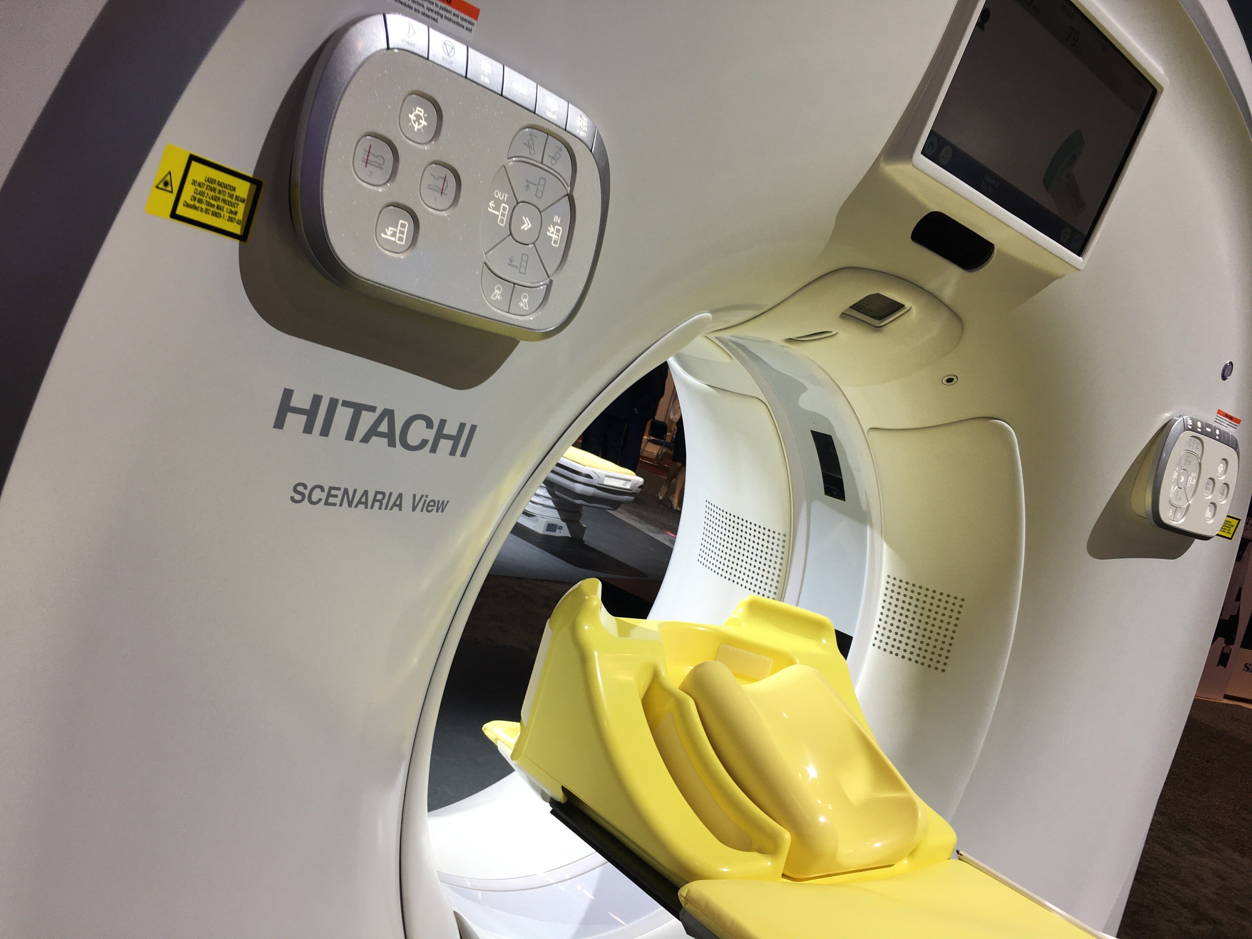 The Hitachi Scenaria View CT scanner on display at the 2019 Radiological Society of North America (RSNA) meeting in December. This workhorse 64 or 128 slice CT system, and Hitchai's portfolio of MRI and ultrasound systems, is attracting the attention of Fujifilm, which does not have some of these technologies. Combined, the new new portfolio may help Fufifilm capture a parger portion of international radiology market share. Photo by Dave Fornell.