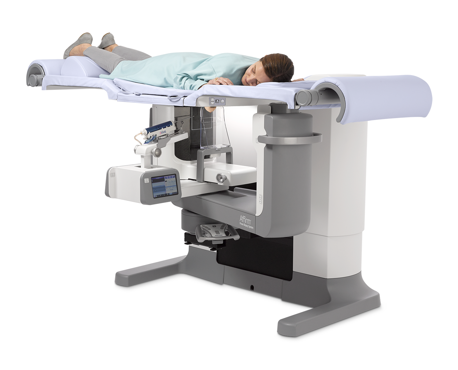 A patient prepares to have a tomosynthesis-guided prone breast biopsy using the Hologic Affirm prone biopsy system. 