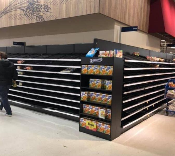 No bread available at a Meijer store in the Chicago western suburbs due to a run of groceries after Illinois implemented shelter in  place orders in mid-March. Photo by Chaya Margaret Levi-Roth.