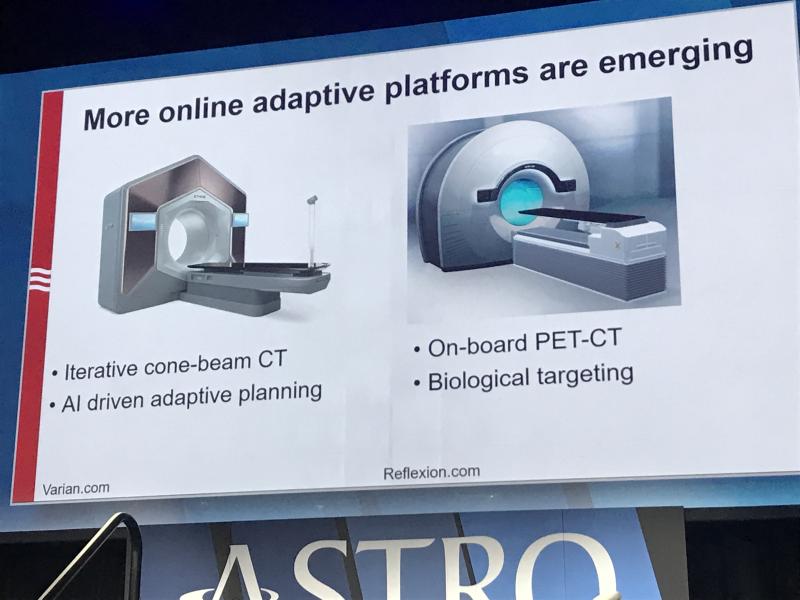 One of the hot topics at ASTRO 2021 was the increasing use of adaptive radiotherapy systems, which several thought leaders pointed out in sessions as a possible way of the future. Two systems that there is a lot of excitement about are the Varian Ethos with AI-enabled adaptive planning capability, and the Reflexion system, which is now in a U.S. trial testing its ability to track PET tracers from several metastatic tumors at the same time to target and treat them while the patient is in the machine.  
