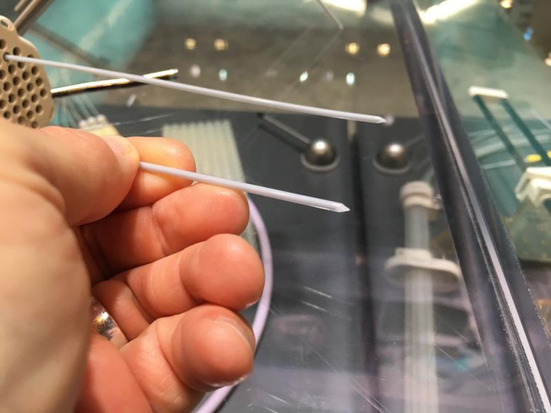 The sharp tip of a brachytherapy seed delivery catheter in the Elekta Booth. #ASTRO19 #ASTRO2019 #ASTRO