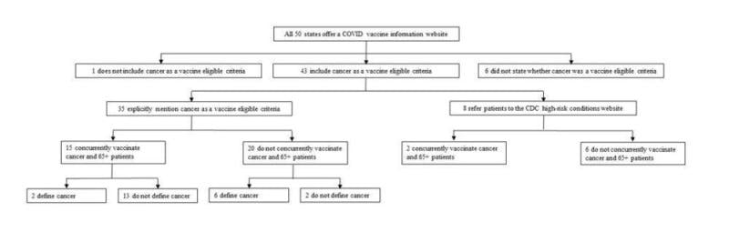 Schematic demonstrating online availability of COVID-19 vaccine eligibility information for cancer patients at the state level during February 2021. Centers for Disease Control and Prevention
