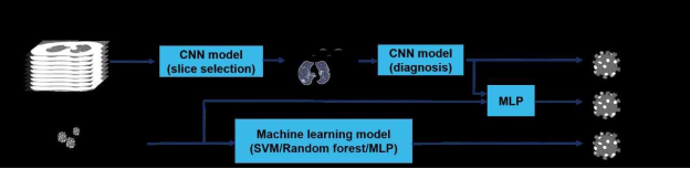 Illustration of the modeling framework: Three AI models are used to generate the probability of a patient being COVID-19 (+): the first is based on a chest CT scan, the second on clinical information; and the third on a combination of the chest CT scan and clinical information. For evaluation of chest CT scans, each slice was first ranked by the probability of containing a parenchymal abnormality, as predicted by the convolutional neural network model (slice selection CNN), which is a pre-trained PTB model 