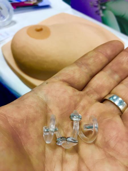 This is the BioZorb breast cancer lumpectomy cavity fiducial marker system from Hologic. It was displayed on the expo floor at the 2019 ASTRO radiation oncology meeting today in Chicago.  It comes in different sizes and shapes and consists of a bioresorbable PLA hard plastic frame with embedded radio opaque markers to show the location of the cancer on future mammograms and imaging scans. The frame dissolves and leaves behind the markers. #ASTRO19 #ASTRO2019 #ASTRO