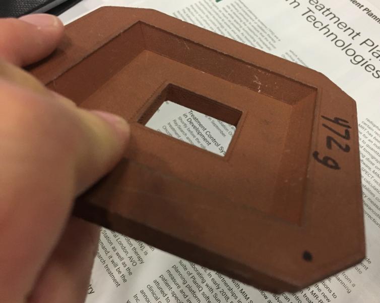 This is a 3-D printed copper electron beam therapy aperture created by The Virtual Foundry for research at the University of Wisconsin. They are looking at the possibility of 3-D printing electron cutouts rather than machined cutouts to save time and costs. The university presented a poster on this project at AAPM 2019.