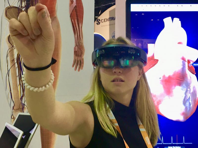 The company Biodigital at HIMSS 2019 last week showed augmented reality anatomy for education, patient education and surgical training. They offered several organ models, including the heart. Using an augmented reality headset, hand and voice commands, users can rotate, slice through, and change the heart rate. 