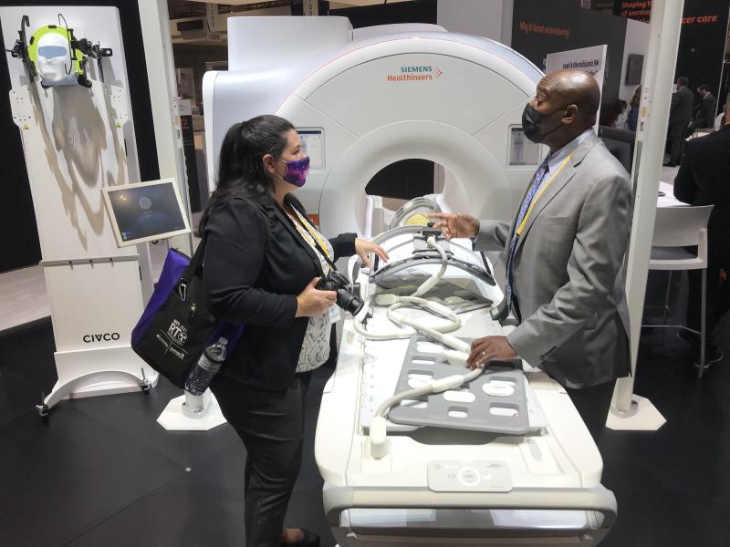 Siemens showing its MRI system optimized for radiation therapy at ASTRO 2021. MRI is the gold standard imaging modality for soft tissue, and is ideal for visualizing cancers. However, CT imaging is what is needed to create the treatment plans for radiotherapy systems. Siemens was among a few vendors this year showing new software to take MRI datasets and convert them into synthetic CT image datasets for use in the treatment planning process and eliminate the need for an extra scan. 