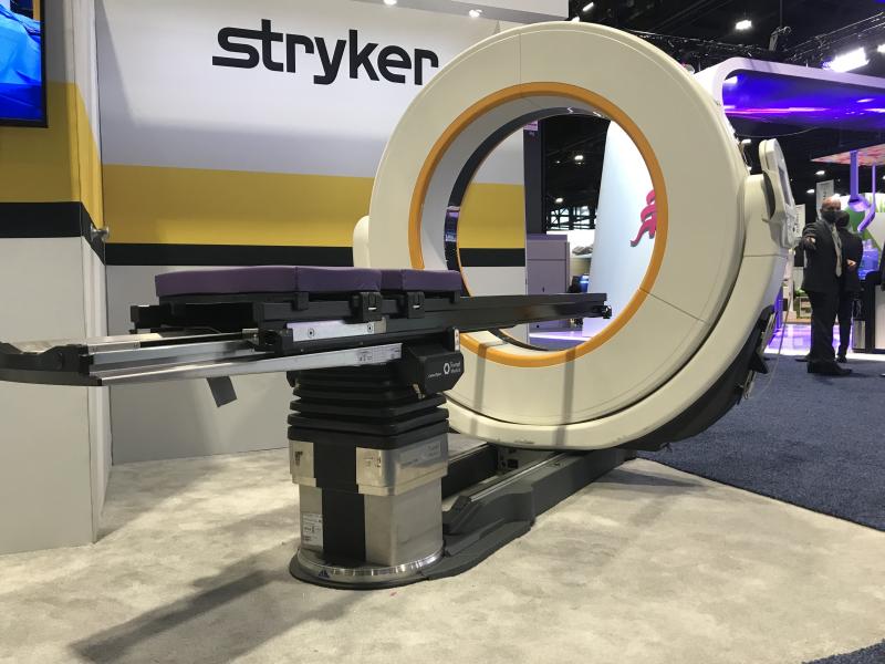 The Stryker Airo Mobile TruCT CT scanner on display at ASTRO 2021. It is a small footprint 32-slice computed tomography system designed for us in operating rooms for post surgical review scans and for brachytherapy procedures. It is small enough to fit through standard doorways when being moved from one room to another. It uses a wired tablet on the side of the scanner for patient set up and imaging. #ASTRO #ASTRO21