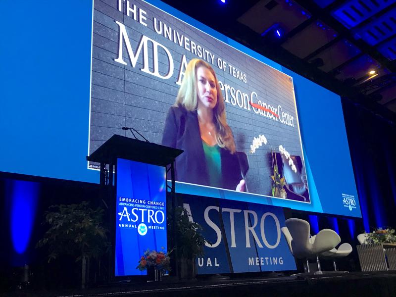 Kristy Brock, Ph.D., MD Anderson Cancer Center, presents virtually during the ASTRO 2021 Presidential Symposium. She was among many who needed to present in a virtual video format at the in-person conference because MD Anderson and several other healthcare systems have travel bans in place for their employees due to the COVID pandemic. However, with COVID positivity rates dropping in most places in recent weeks, some hospitals lifted their travel bans so ASTRO reported numerous of last-minute registrations