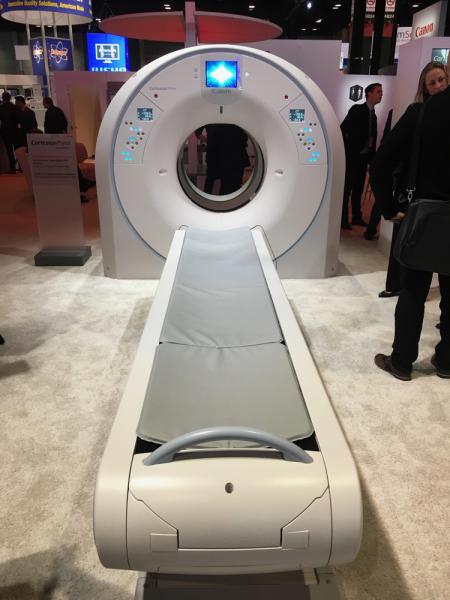 Canon unveiled its new digital detector PET-CT system at RSNA 2019. The Cartesian Prime uses an air cooling system to reduce costs for installation and maintenance. It uses an Aquilion Prime CT, either 80 or 160 slice. The bore of the system is 78 cm. Canon said this is another option in its molecular imaging portfolio, which includes the Celestion PET-CT. That system uses photomultiplier tubes and has a larger bore.