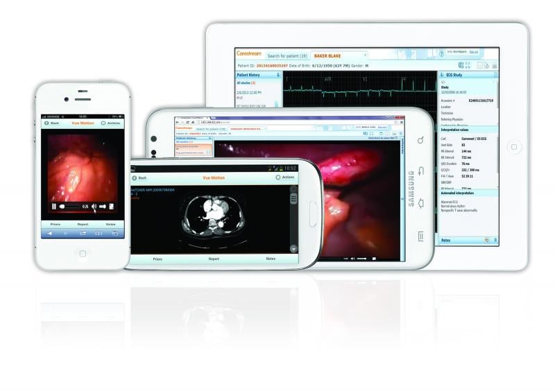 Carestream’s Vue Motion universal viewer allows image access from multiple operating systems and via a web browser with operating platforms utilizing HTML5, including PCs, Mac and  validated mobile devices.