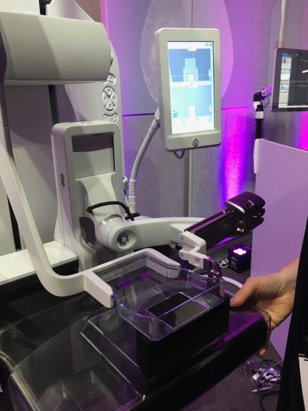 GE’s 510k-pending Pristina Serena Bright contrast enhanced mammography biopsy system. The biopsy system mounts to the mammo unit to guide biopsies during patient call back.