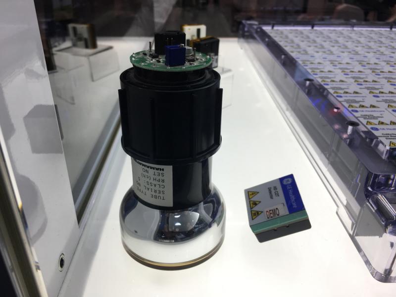 A comparison of a nuclear imaging photo multiplier tube (PMT) and a digital CZT detector used on GE Healthcare’s molecular imaging systems. This is a display at the vendor’s booth at RSNA 2019