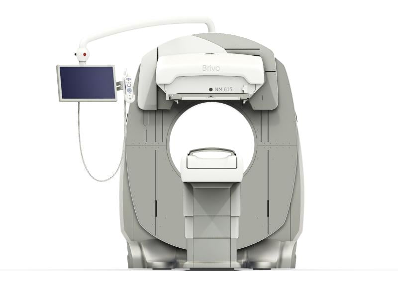 The GE Healthcare Brivo NM 615 SPECT/CT system is an example of the newer detector technology available, which enables lower amounts (up to 50 percent) of radiotracers and the potential for shorter exam times.