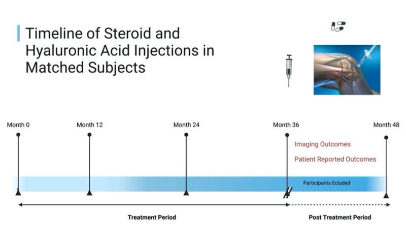 Figure 2. Timeline of steroid and hyaluronic acid injections in matched subjects. Patients were matched at baseline (month 0). Treatment period was between month 0 and month 36. Exclusion was applied from month 36 to month 48. Imaging outcomes were analyzed at month 48.