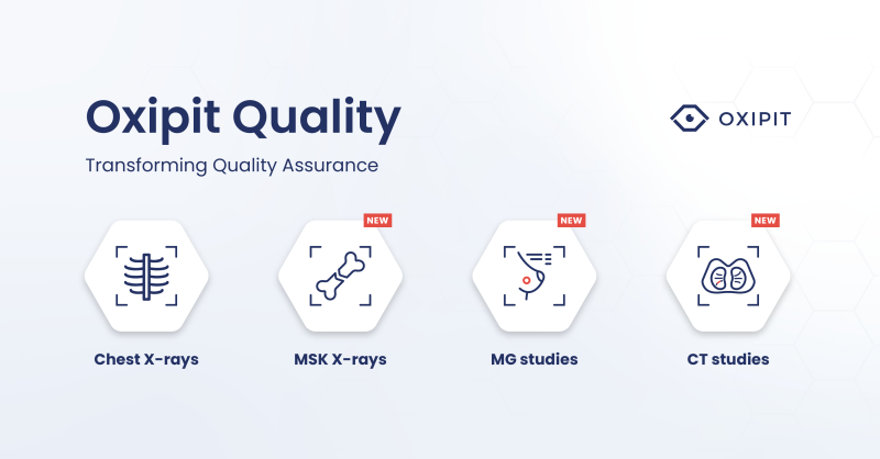 Oxipit Quality employs AI-powered double reading for quality assurance. The software analyzes medical images and corresponding radiologist reports. If any unreported findings are identified, the application notifies the radiologist to review the image again. 