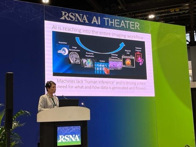 The AI Theater featured engaging sessions on the expanding presence of artificial intelligence in the imaging workflow. Here, Caroline Chung, MSc, MD, who recently authored an AACR Journal Cancer research article on the hot topic and need for metadata.