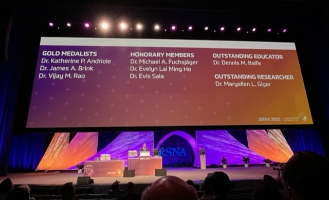Recipients of a range of prestigious awards presented by RSNA during its 2022 Scientific Session and Annual Meeting were announced by RSNA President Bruce Haffty, MD, MS, his Nov. 27 Plenary Session Presidential Address.