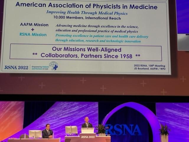 During the first Plenary Session of RSNA 2022, which featured an address by RSNA President Bruce Haffty, MD, MS, and AAPM President JD Bourland shared the importance of the association’s long-standing partnership with RSNA.