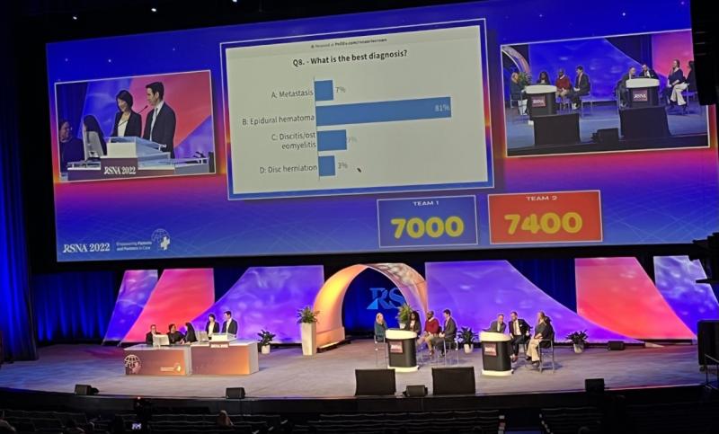A full house of RSNA 2022 attendees in the Arie Crown Theater we’re part of the Nov. 30 “Exciting Radiology ER Game Show: Life in the STAT Lane” Plenary Session, moderated by Jennifer W. Uyeda, MD and Tarek N. Hannah, MD.