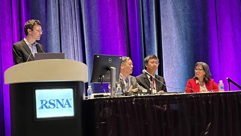 A Plenary Session, “Machine Learning in Radiation Oncology: Clinical Trials and Clinical Practice” included an all-star lineup of AI experts (L to R): Michael Gensheimer MD, Felix Fang, MD, Quynh-Thu X. Le, MD, and Ruijiang Li, PhD. 