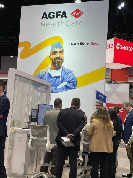 Agfa's RSNA22 booth featured its new messaging, "Agfa HealthCare: That's life in flow," and also gave attendees a preview of its new Work in Progess, the Agfa EI Agility Network (enterprise imaging).