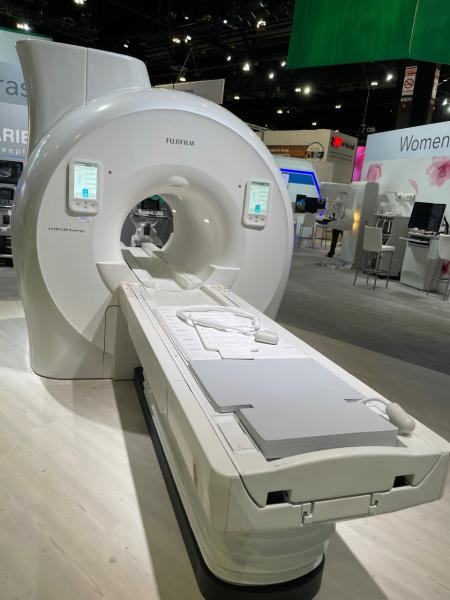 Fujifilm’s ECHELON Synergy System is part of its next-generation MRI line. It features smart single-touch on gantry controls and has an AI driven reconstruction.