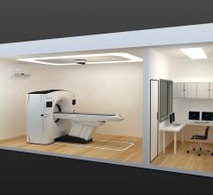 A cut-away view of the two cabins that compose the "CT-in-a-box" solution from GE to rapidly deploy CT scanners at hospitals amid a COVID surge. The CT room is completely separate from the control room to aid in sanitation and keeping technologists away from COVID patients.