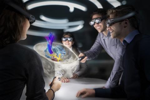 Mixed Reality Viewer technology turns almost any work area into a virtual, interactive space strengthening 3D visualization, interaction and understanding. (Image courtesy of Brainlab).