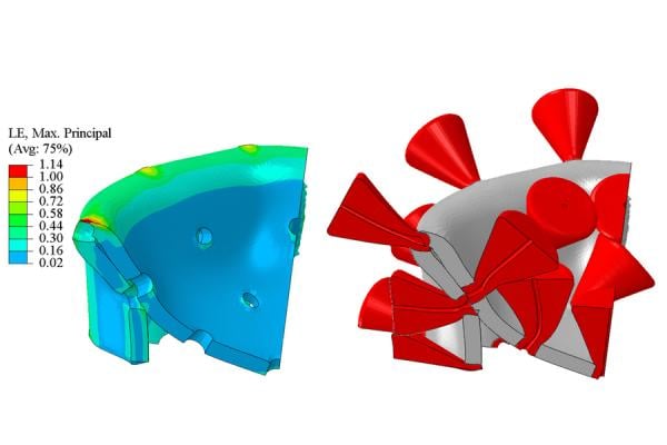 The 3D image of the collapsing virus, right, captured at the instant of the maximum vibration amplitude. Spikes were removed from the color-coded plot, on left, for clarity. Image courtesy of the researchers