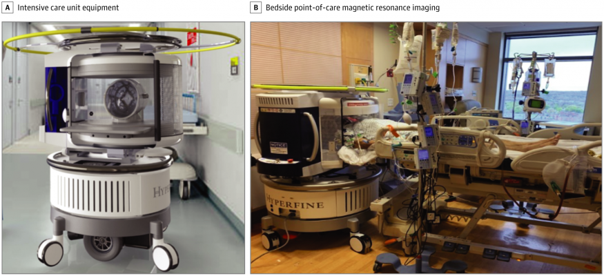 All intensive care unit equipment, including ventilators, pumps, and monitoring devices, as well as the point-of-care magnetic resonance image operator and bedside nurse, remained in the room. All equipment was operational during scanning.