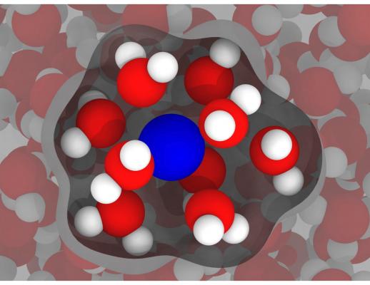 An illustration based on simulations by Rice University engineers shows a gadolinium ion (blue) in water (red and white), with inner-sphere water -- the water most affected by the gadolinium -- highlighted. The researchers’ models of gadolinium in water show there’s room for improvement in compounds used as contrast agents in clinical magnetic resonance imaging.