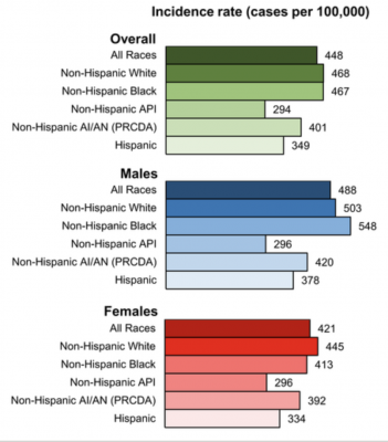 Age‐standardized, delay‐adjusted overall cancer incidence rates for 2012 through 2016 are illustrated among males and females by racial/ethnic group