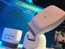 Accuray CyberKnife robotic arm radiation therapy treatment system on display on the expo floor of ASTRO 2019 this week. The counter looking area has various aperture collimators to shape the size of the photon beams. #ASTRO19 #ASTRO2019 #ASTRO