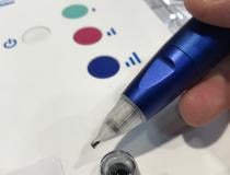 This is a new tattoo marker that can be used to mark skin targets on radiation therapy patients. These marks are used throughout treatment to align the CT and the radiotherapy system with the tumor and treatment plans during each treatment and follow up scans. The Civco Precision Medicine system uses disposable Ink and needle heads in sterile packaging and offers extreme ease of use, in case the user is not an experienced tattoo artist. This is a new product shown by Civco on the ASTRO expo floor.