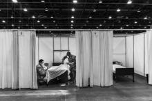 #COVID19 #Coronavirus #2019nCoV #Wuhanvirus #SARScov2 U.S. Army Spc. Jonathon Hyde and Spc. Casymn Harrison from the 1434th Engineer Company, Grayling, Mich., Michigan National Guard, prepare patient rooms at TCF Regional Care Center in Detroit in advance of receiving COVID-19 patients, April 9, 2020 #COVID19 #Coronavirus #2019nCoV #Wuhanvirus #SARScov2